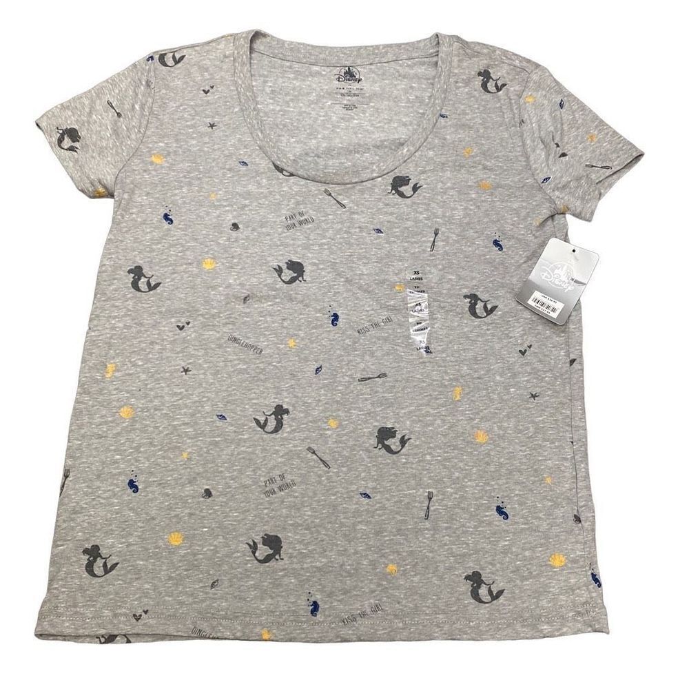 Disney T Shirt Little Mermaid Womens Short Sleeve Grey Ariel Shells Size XS READ